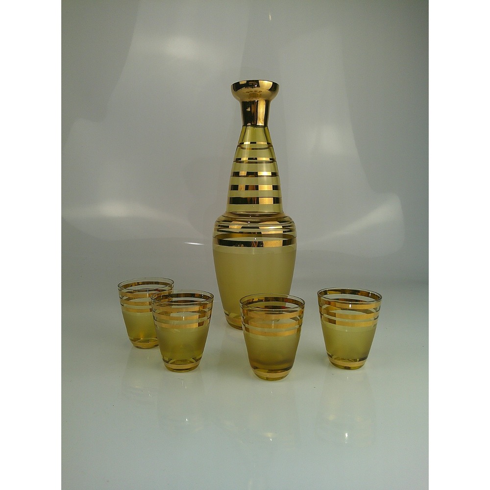 Vintage MCM Glass Amber &‎ Gold Stripe Decanter And 4 Glasses